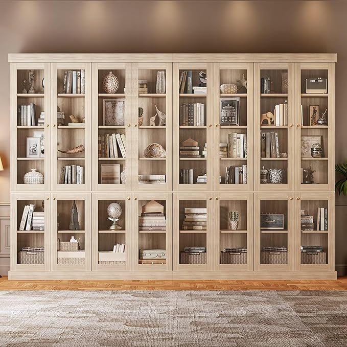 70.8" Bookshelf with Glass Doors, Farmhouse Modular Bookcase with 6-Tier Adjustable Shelves, Large Storage Cabinet for Living Room & Home Office, Brown