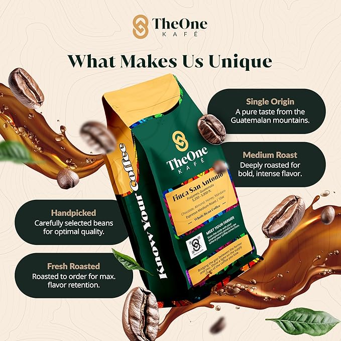TheOne Kafé Guatemala Medium Roast Whole Bean Coffee – Organic, Single Origin, Premium Specialty Coffee, Ethically Sourced, Smooth & Rich Flavor – Fresh Roasted for Espresso, Drip, Pour Over – 12 oz