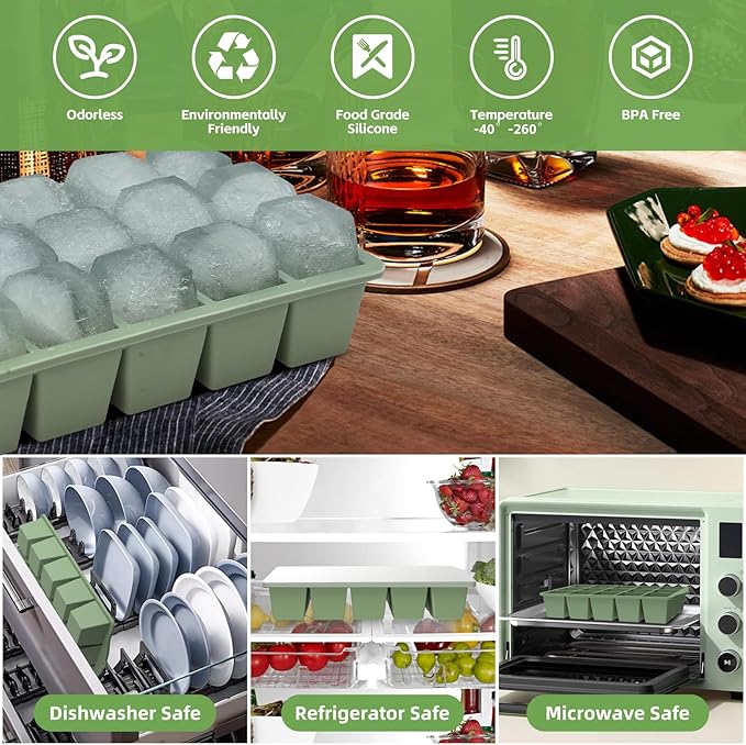 Silicone Ice Cube Tray, 2 Pack Easy-Release Stackable Ice Trays for Freezer with Lid 15 Reusable Cubes, Food Grade BPA Free Ice Molds for Whiskey, Baby Food, Coffee, Cocktail, Drinks (Green)