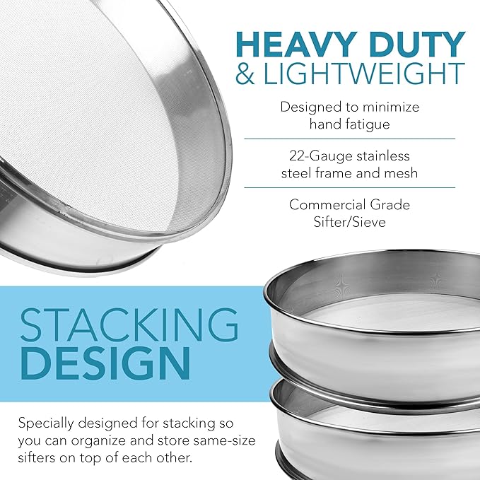 Stainless Steel Flour Sifter Fine Mesh Round Flour Sieve for Baking 14" Diameter x 2.88" High; 20 Mesh (Hole Size 0.85mm)