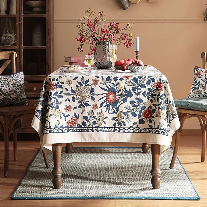 patdrea Designer Blue Tablecloth for Rectangle Table,Vintage Linen Leaves and Floral Pattern Extra Long Tablecloths,Farmhouse Decor Cover for Kitchen Dining Christmas,Thanksgiving,63"x110"-Ivar a