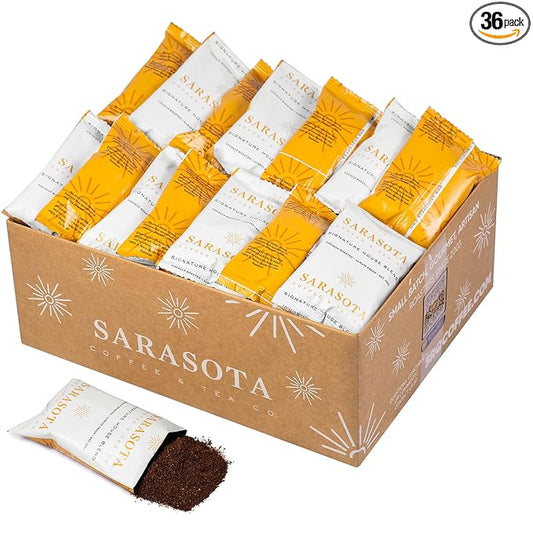 Sarasota Coffee Ground Packets | Gourmet Medium Roast Bulk Coffee Packs | Breakfast Blend | Low Acid Mold Free Singles Individual Pouches for 12 Cups Maker | 3 Ounce Bags, 36 Count