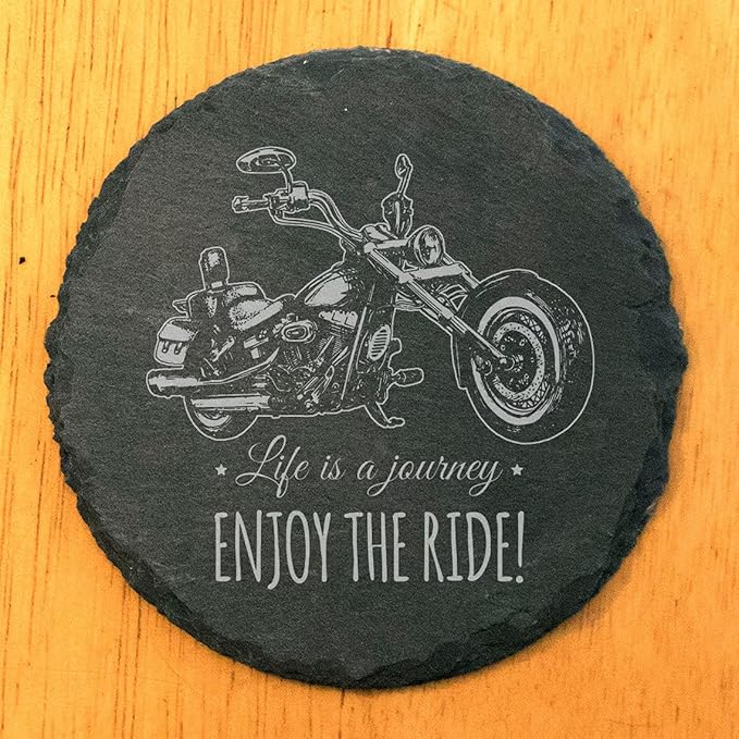 Coast in Style: Rustic Slate Coasters with Motorcycle Design - Round Slate - Set of 5