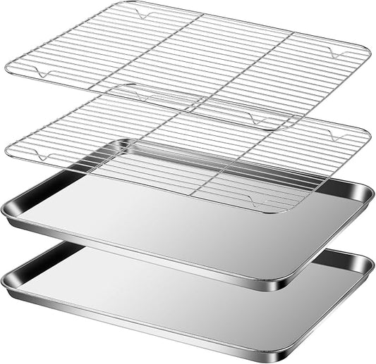 Baking Sheet with Racks Set [2 Sheets + 2 Racks], Stainless Steel Baking Sheets with Cooling Racks, Nonstick Pan, Warp Proof & Rust Proof & Easy to Clean, Size 16 X 12 X 1 Inch