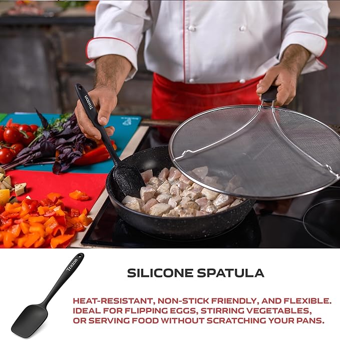 Grease Splatter Screen for Frying Pan 13 inch - Stops 99% of Hot Oil Splash - Protects Skin from Burns - Splatter Guard for Cooking - Iron Skillet Lid Keeps Kitchen Clean, includes Silicone Spatula