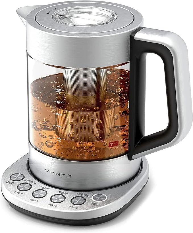 Vianté Electric Kettle With Infuser For Loose Leaf. Hot Tea Maker With Temperature Control And Automatic Shut Off. Tea Kettle With Brewing Programs. 1.5 Liters Capacity