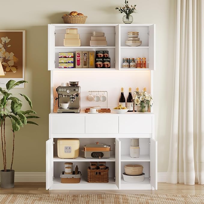 Garvee Kitchen Pantry Cabinet,71 in Tall Storage Cabinet with Doors&Shelves Adjustable, Kitchen Storage Hutch with Microwave Shelf, Led Lights&Charging Station,Corner Pantry Cabinet