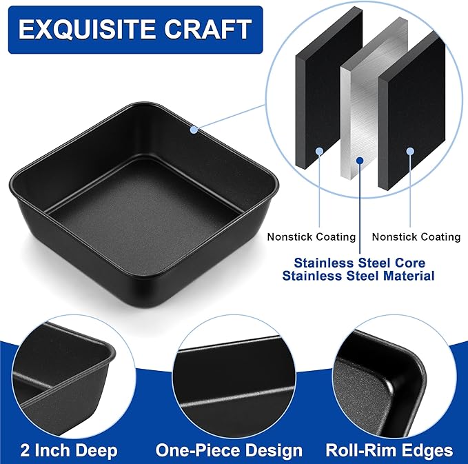 E-far 6 Inch Square Cake Pan Set of 2, Nonstick Small Baking Pan with Stainless Steel Core for Brownies Lasagna Cakes, Non-toxic & Easy Clean, 2 Inch Deep (Black)