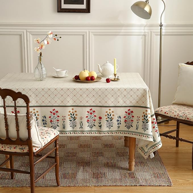 ISAENNE Designer Vintage Linen Floral Extra Long Rectangle Tablecloth,Fall Colorful Modern Table Cloth,Anti-Wrinkle Decor Tablecloths for Dining Thanksgiving Kitchen Christmas,63"*110"-Bertina E