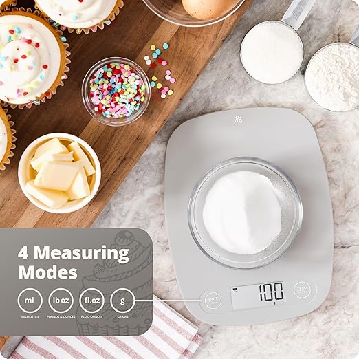 Greater Goods Slim Digital Kitchen Scale 11lb/5kg – Compact Food Scale with 1g Increments for Everyday Cooking, Baking & Meal-Prep, Lightweight Plastic Design, Non-Backlit Display, Battery Included