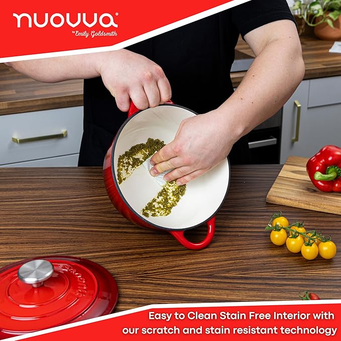 Cast Iron Dutch Oven with Lid – Non-Stick Ovenproof Enamelled Casserole Pot – Sturdy Dutch Oven Cookware – Red, 3.1-Quart, 22cm – by Nuovva