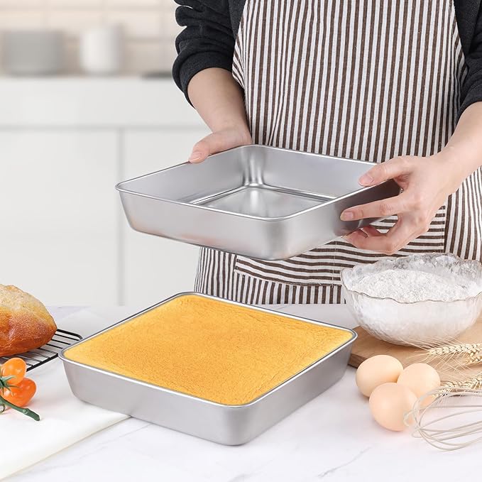 LIANYU 8/9 Inch Square Baking Cake Pan, Stainless Steel Brownie Bread Cake Molds, Square Bakeware for Lasagna Pie, Oven & Dishwasher Safe