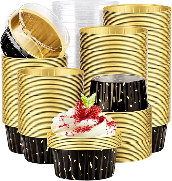 EUSOAR Disposable Ramekins with Lids, 400pcs 5oz Aluminum Foil Cupcake Liners Ramekins Cups for Baking, Dessert Cups Aluminum Cheesecake Pan Creme Brulee Baking Cups for Oven-Black Meteor Shower
