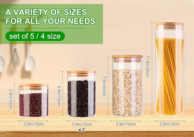 Glass Food Storage Jars, Food Containers with Airtight Bamboo Lids for Pasta, Cookies, Nuts, Coffee Beans, Cereal, Glass Canisters for Kitchen, Pantry Organization,Set of 5