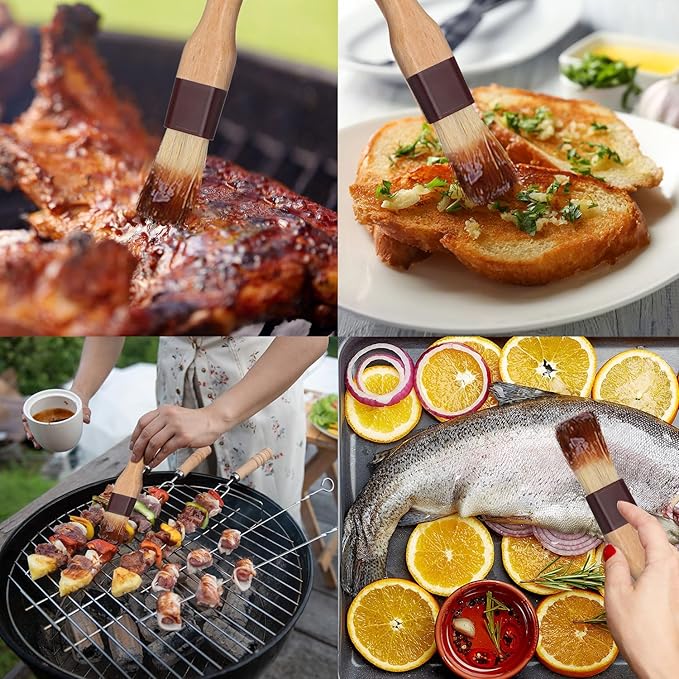 Boao 4 Pieces Natural Bristle Pastry Brush Beech Wooden Handle Basting and BBQ Brushes for Cooking, Butter, Oil, Egg, Marinade, Grilling, Baking, Kitchen Food(1 Inch, 1 1/2 Inch)