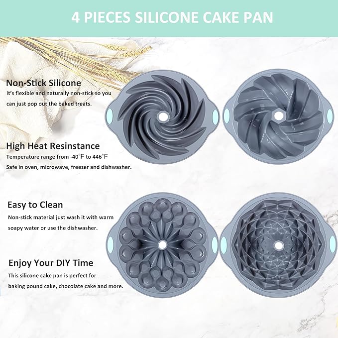 Tongjude 4 Pieces Silicone Fluted Cake Pans, 6/7/8 Cups Tube Baking Pan, Non-Stick Kitchen Oven Baking Pans, Silicone Molds for Homemade Cake, Bread and Jello, Grey