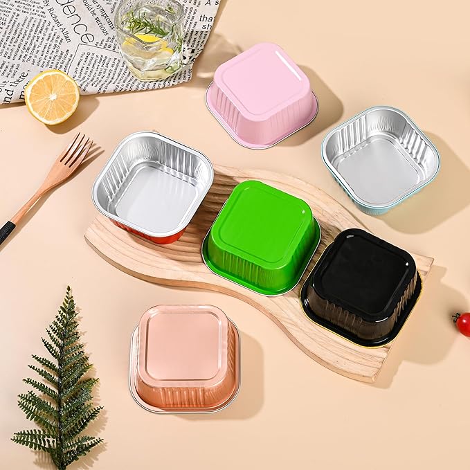 Mini Cake Pans With Lids (10oz,40 Pack) 4”x4” Aluminum Foil Square Cupcake Liners Brownie Baking Cups, Disposable Large Cupcake Pan, Jumbo Muffin Tin Ramekins Holders