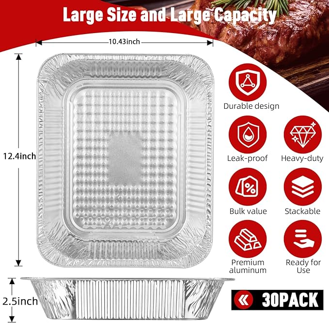Aluminum Pans Half Size(30 Pack), 9x13, Heavy Duty Disposable Foil Pans for Baking, Roasting, Cooking, Heating, Storing, Deep Tin Foil Bakeware for Oven, Steam Table Tray, Cookware, Food Prepping