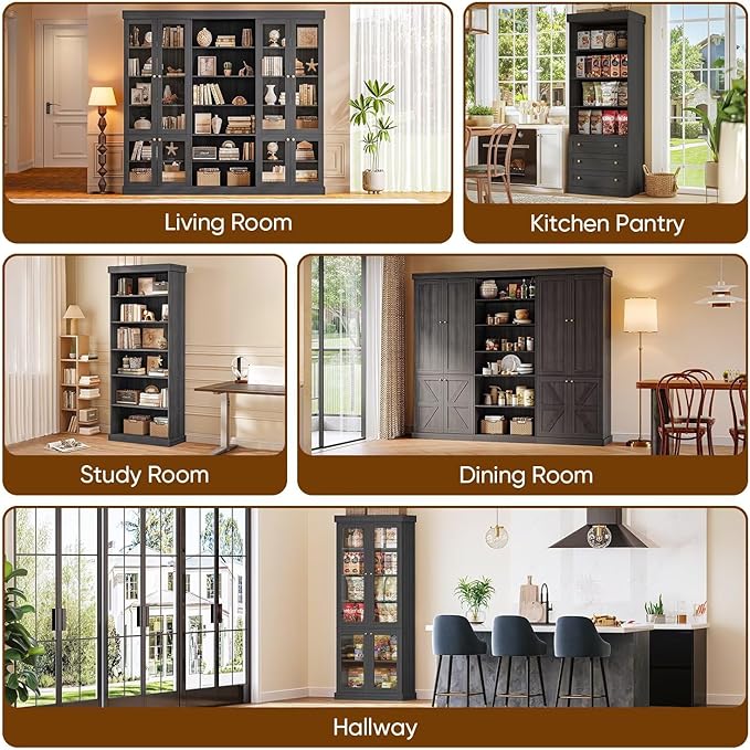 70.8" Bookshelf with Glass Doors, Farmhouse Modular Bookcase with 6-Tier Adjustable Shelves, Large Storage Cabinet for Living Room & Home Office, Set of 3, Black