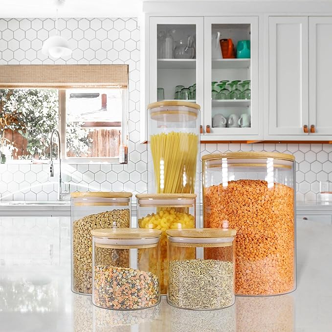 Urban Green Glass Jar with Bamboo Lids (2 sets 100oz) with Metal Scoop, Food Storage Containers with Airtight Lids, Glass Canisters sets, Flour Container Jar