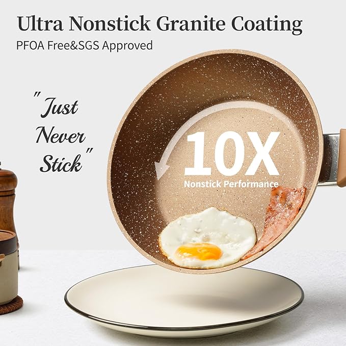 Innwewell Non Stick Frying Pan - Granite Stone Non Stick Skillet Frying Pans, Safe&No Toxic Egg Omelette Frying Pan, Small Nonstick Cookware Cooking Pan, Induction Compatible, PFOA Free(8inch, Gold)
