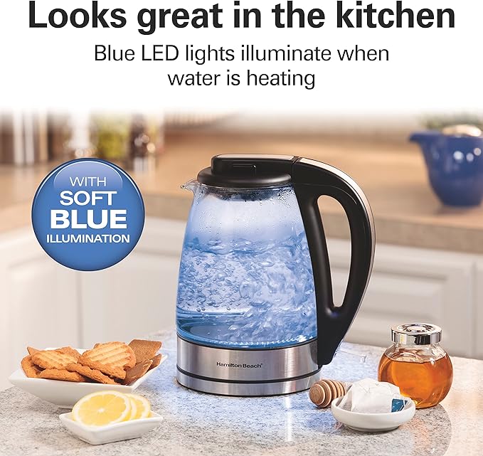 Hamilton Beach Glass Electric Tea Kettle, Water Boiler & Heater, 1 Liter, 1500 Watts for Fast Boiling, BPA Free, Cordless Serving, Auto-Shutoff & Boil-Dry Protection, Soft Blue LED (40930)
