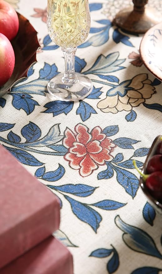 patdrea Designer Small Blue Tablecloth for Round Table,Vintage Linen Leaves and Floral Pattern Tablecloths,Farmhouse Decor Cover for Kitchen Dining Christmas,Thanksgiving,Diameter 55"-Ivar a