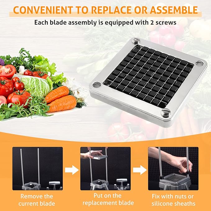 WICHEMI Replacement Chopper Blade 3/8" Stainless Steel Onion Chopper Dicer Blades and Pusher Block for Tomato Dicer French Fry Cutter