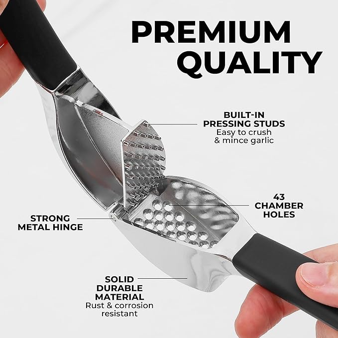 Zulay Kitchen Comfort Grip Garlic Press - Garlic Mincer Tool - Garlic Crusher - Garlic Press Mincer Rust Proof, with Soft Ergonomic Handle, Easy Clean Set with Peeler and Brush