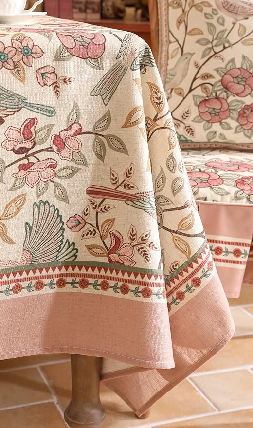 patdrea Designer Pink Linen Table Cloth for Sqaure Table,French Tablecloth with Birds Pattern,Small Colorful Decoration Cover for Kitchen Dining,Christmas,Party,Thanksgiving,67"x67"-Kulom a