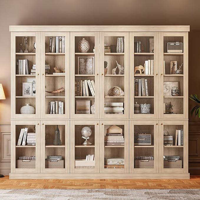70.8" Bookshelf with Glass Doors, Farmhouse Modular Bookcase with 6-Tier Adjustable Shelves, Large Storage Cabinet for Living Room & Home Office, Set of 4, Brown