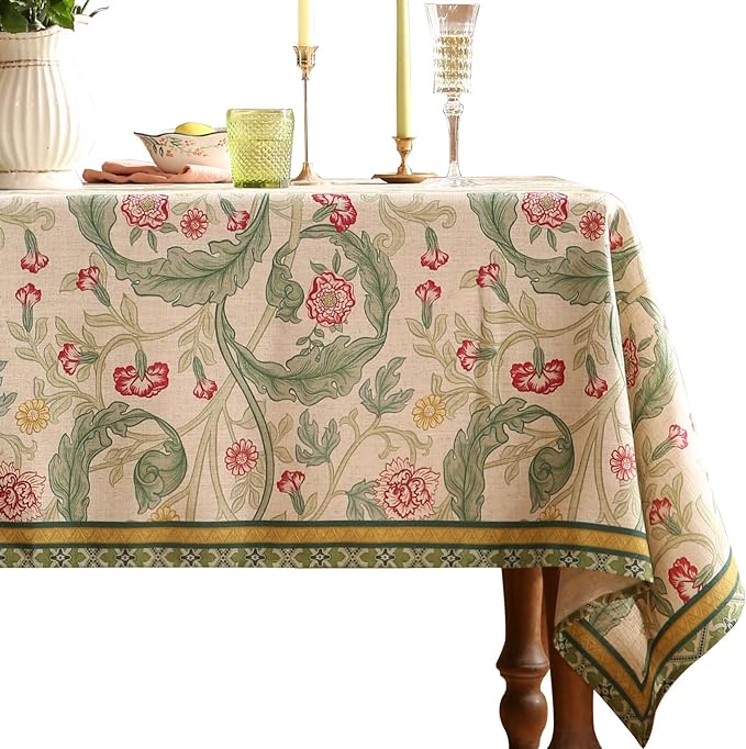 patdrea Designer Vintage Linen Long Rectangle Tablecloth,Green French Leaves Pattern Floral Table Cloth,Fall Decoration Cover for Kitchen Dining Christmas,Thanksgiving,63"x102"-Cecilia a