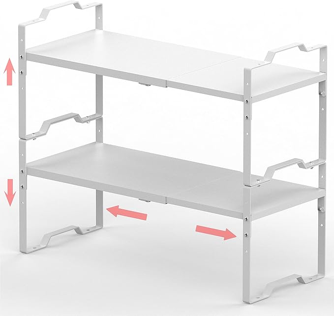 Expandable Shelf for Cabinet Organizer Adjustable Stackable Spice Rack at Kitchen and Bathroom More, Counter Countertop Cupboard Organization Pantry Storage(MEDIUM/2PACKS/WHITE)