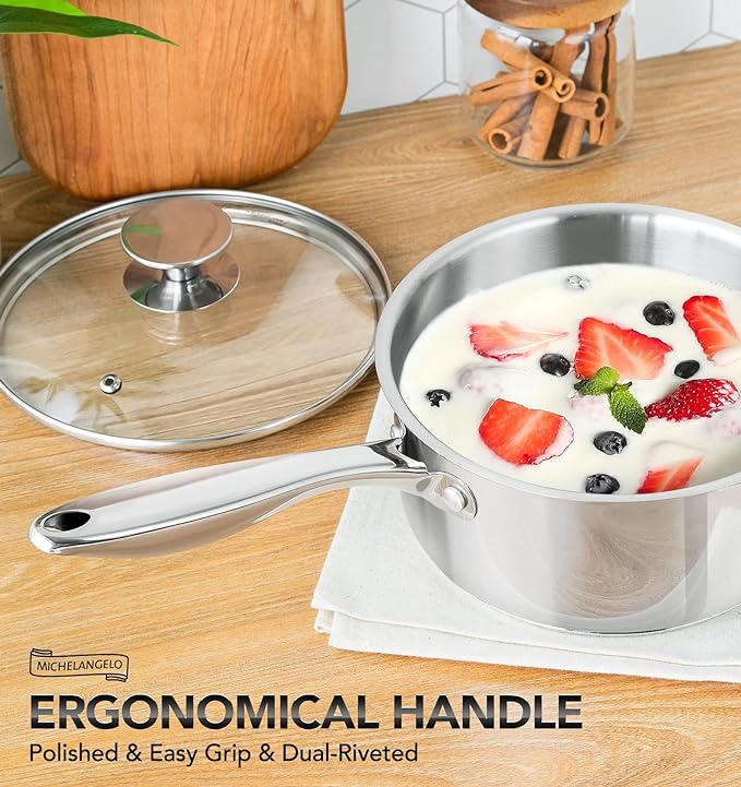 MICHELANGELO 3 Qt Saucepan with Lid, 3-ply Stainless Steel Sauce Pan, No Coating, Even Heating, for All Cooktops & Induction Compatible - Silver