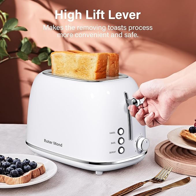 Roter Mond 2 Slice Toaster Retro Stainless Steel with Bagel, Cancel, and Defrost Functions, 6 Bread Shade Settings, Extra Wide Slots and Removable Crumb Tray, White