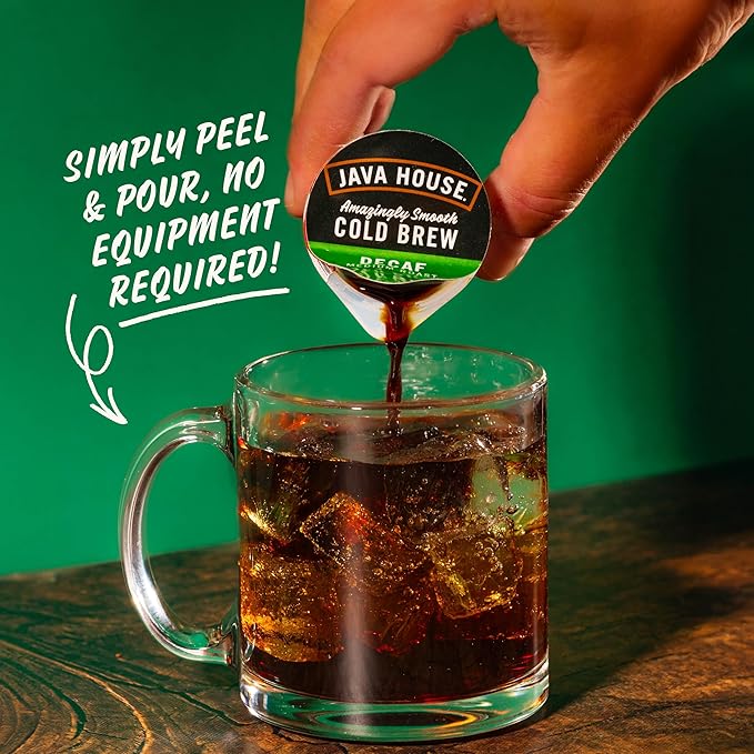 Java House Single-Serve Cold Brew Coffee Pods – Premium 100% Arabica Liquid Concentrate – Smooth & Bold Decaf Roast – 48 Pods – Ready Hot or Iced, Travel-Friendly, TSA Approved