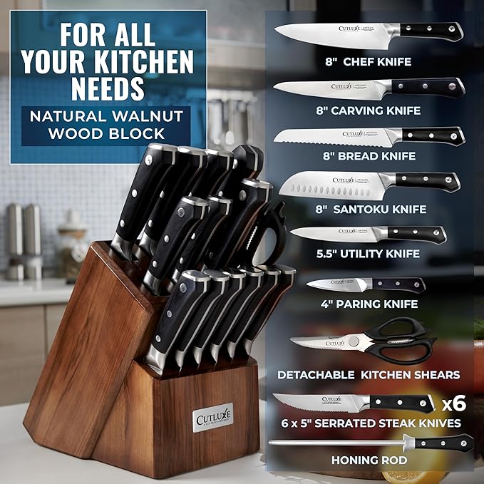 Cutluxe 15-Piece Knife Set – High Carbon German Steel Blades, Full Tang Design & Ergonomic Pakkawood Handles in Walnut Wood Block – Artisan Series