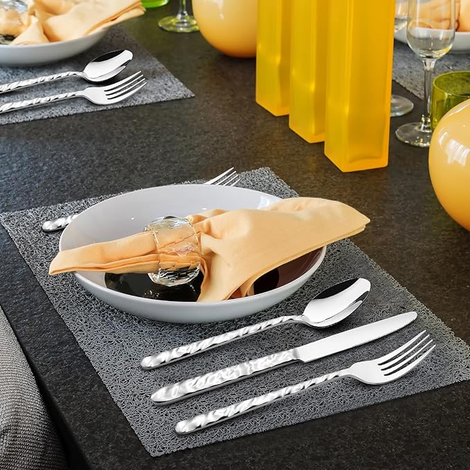60 Piece Silverware Set for 12, Food-Grade Stainless Steel Utensils Set Includes Spoons Forks Knives, Sturdy Home Kitchen Eating Tableware Set,Wave Style Design & Mirror Polished - Dishwasher Safe