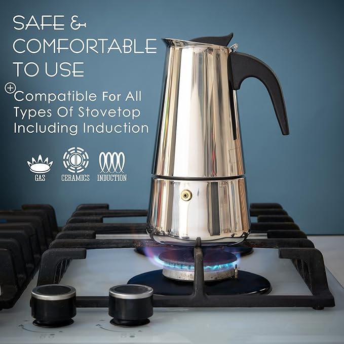 Mixpresso 6 Cup Greca Stovetop Espresso Pot 300ml/10oz, Moka Pot with Coffee Percolator Design, Stainless Steel Stove Top Coffee Maker for Camping or Home Use,Italian Stovetop Espresso Maker