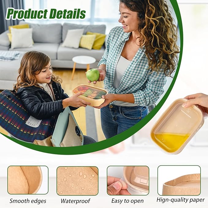 DI QIU REN 50-Pack 29oz Disposable Kraft Paper Bowls【with Lids and Forks】, Meal Prep Containers Disposable Large Paper Bowls Leakproof Take Out To Go Food Containers, Microwave Safe for Hot/Cold Food