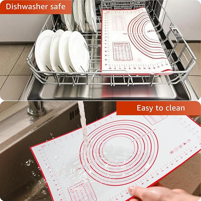 Silicone Baking Mat - Non Stick Pastry Mat Sheet for Dough Rolling, 0.7MM Thick Non-slip Baking Mat With Measurements, Reusable, Easy Clean Silicone Mats for Kitchen Counter (Red)