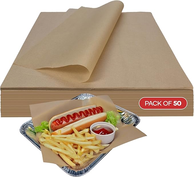Brown Deli Paper Sheets, 12" x 12" (50 pcs.) - USA-Made Premium Food Basket Liners - PFAS-free Grease Resistant Deli Paper Sheets for Food, Snack & Baking Wrap, Picnic & Party by IDL Packaging