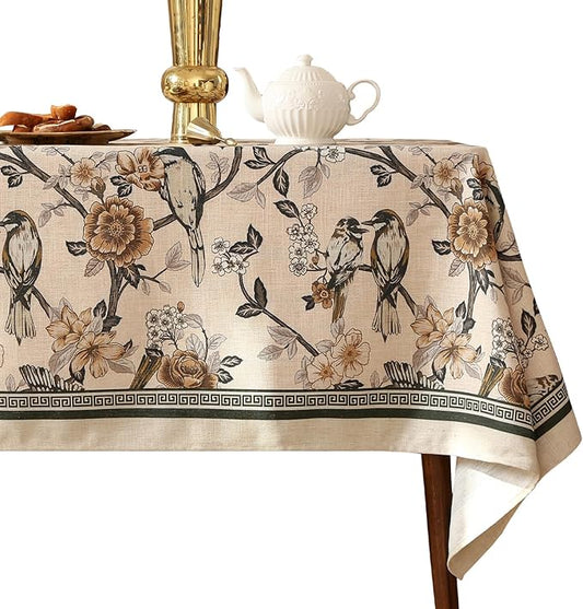 ISAENNE Designer Vintage Linen Long Rectangle Tablecloth,Floral and Bird Pattern Elegant Table Cloth,Fall Wrinkle Resistant Decor Tablecloths for Dining Kitchen Christmas,63"*94"-Murad A