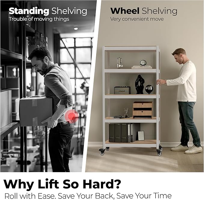 HOMEDANT House White 5-Tier Metal Rolling Cart Shelf Rack Casters Heavy Duty Wheel Shelving Unit Adjustable Utility Storage Shelves Organizer Shelf Kitchen Garage 24.4" W x 16.5" D x 62.2" H 4Pack