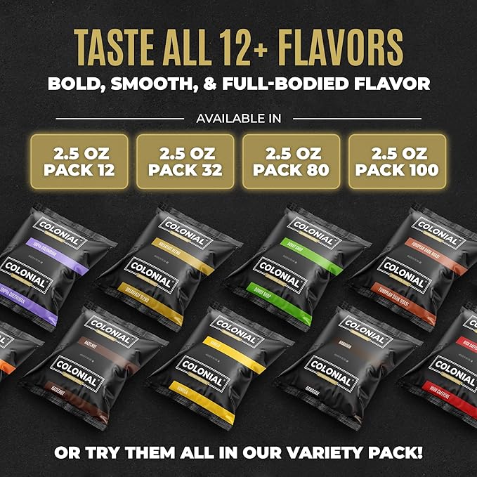 Colonial Coffee 80 Count Single Pot Coffee Packets – 100% Arabica Breakfast Blend Medium Roast | Pre-Measured Frac Packs for 12 Cup Maker | Bulk Ground Gourmet Coffee for Home & Office