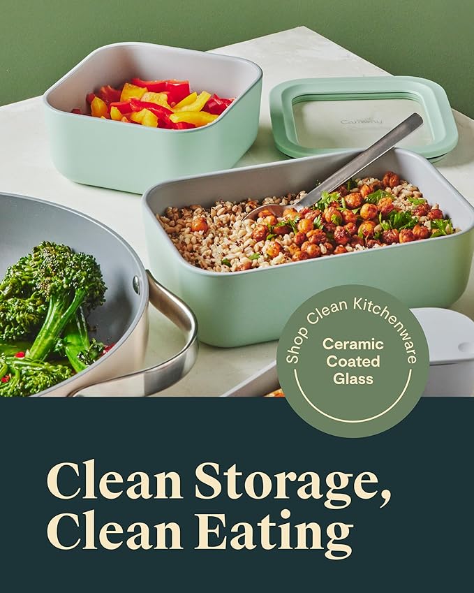 Caraway 6pc Glass Food Storage Set – 6.6 Cup Food Containers (6) - Ceramic Coated - Non Toxic, Non Stick with Lids - Microwave Safe - Mist