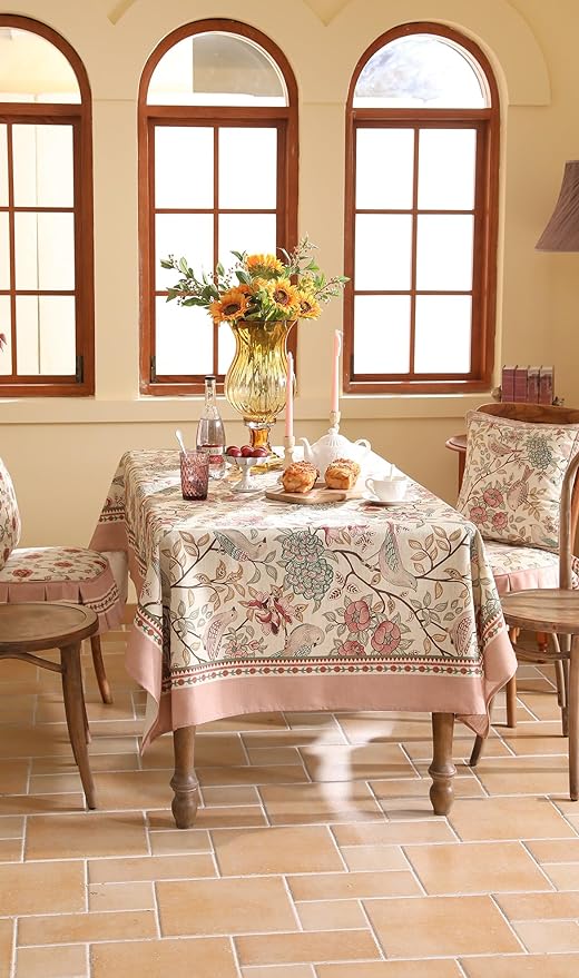 patdrea Designer Pink Linen Table Cloth for Sqaure Table,French Tablecloth with Birds Pattern,Small Colorful Decoration Cover for Kitchen Dining,Christmas,Party,Thanksgiving,55"x55"-Kulom a