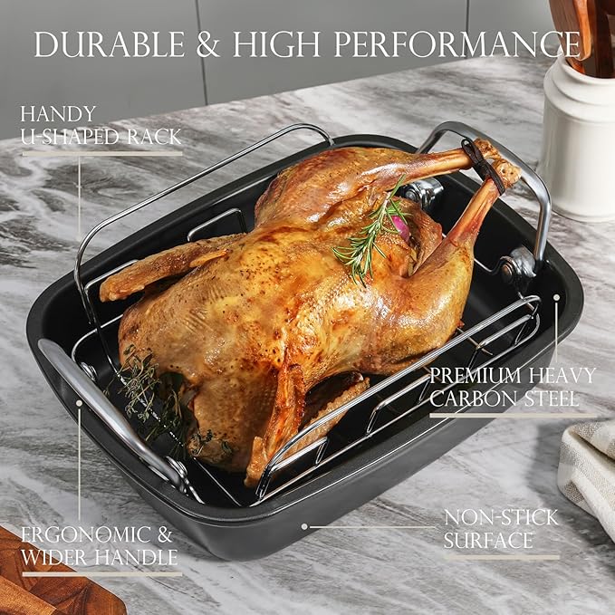 KITESSENSU Nonstick Turkey Roasting Pan with Rack 17 x 14 inch - Large Chicken Roaster Pan for Oven - Wider Handles & Heavy Duty Construction - Suitable for 24lb Turkey, Gray