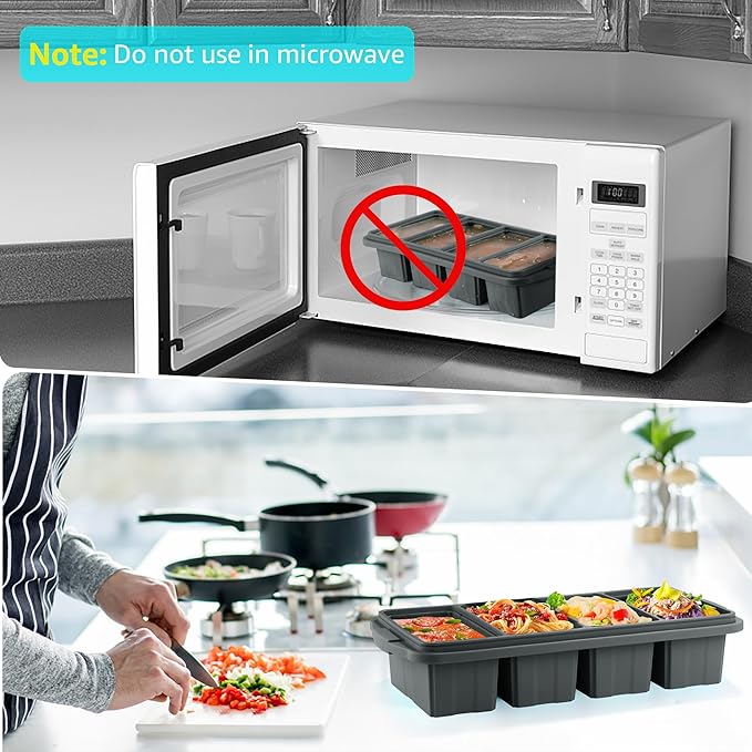 Silicone Freezer Tray With Lid - Silicone Freezer Food Molds- Large Ice Cube Tray,Silicone Freezer Container,Freeze & Store Soup, Sauce, Broth,Leftovers - Makes 4 Perfect 1 Cup