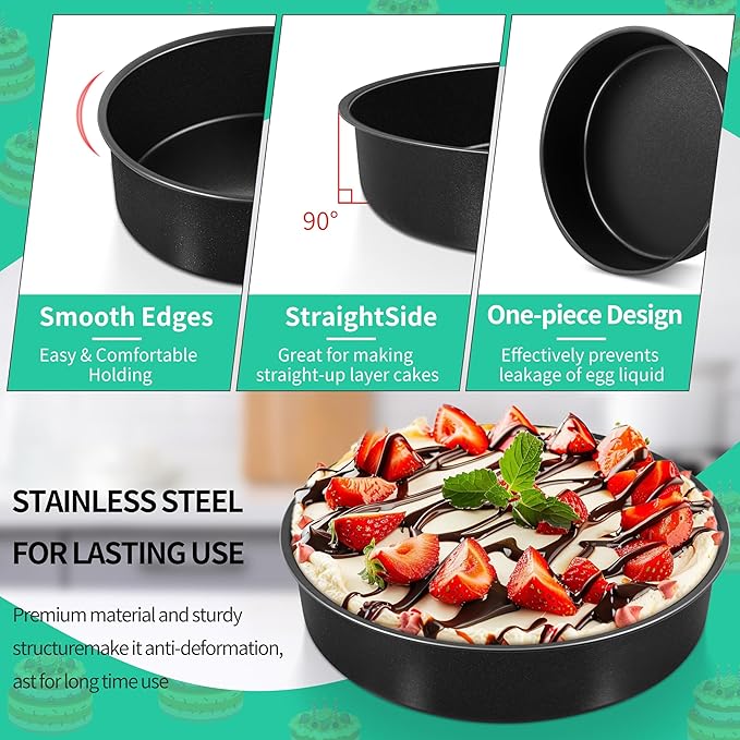 P&P CHEF Non-stick Cake Pan Set 4, 9.5 Inch Round Baking Cake Pans Tins for Tier Smash Cakes, Non-Toxic & Solid, Stainless Steel Core & Leak-Proof, 4Pcs